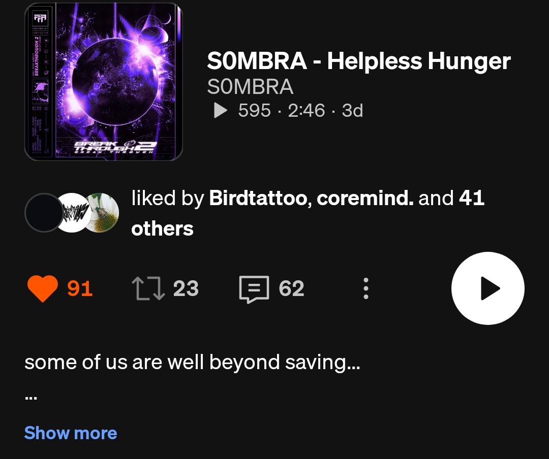 s0mbrasounds's tweet photo. Wild support for three days! Thank you so much for listening to Helpless Hunger 🤍

Lots more on the way :) https://t.co/xXMgtQ12Av