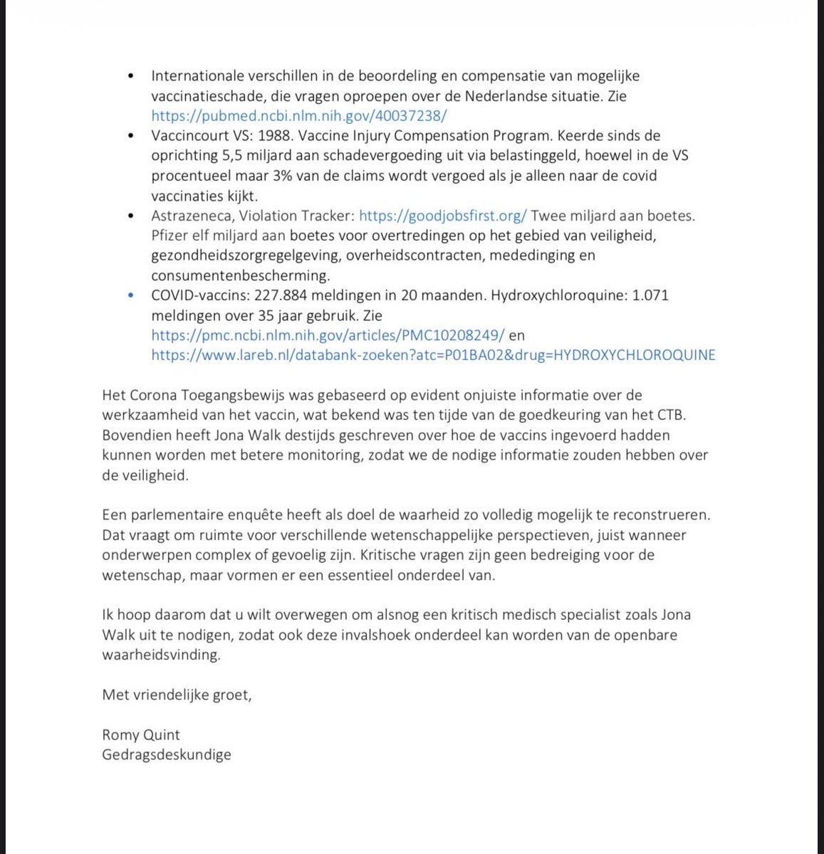 RomyQuint's tweet photo. Open brief aan de Parlementaire Enquêtecommissie Corona @2eKamertweets 

Naar aanleiding van mijn verhoor wil ik graag een korte aanvulling meegeven en verzoeken om internist en vaccinonderzoeker @JonaWalk alsnog als deskundige te horen.

Delen wordt gewaardeerd 🙏🏼 https://t.co/VhXx6QVIHM