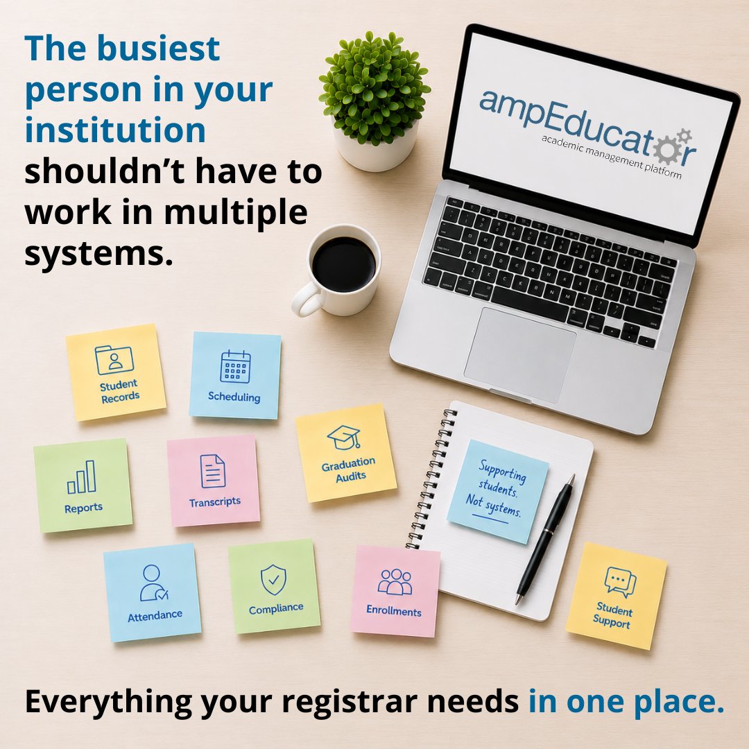 ampeducator's tweet photo. The busiest person at your institution shouldn't have to work in multiple systems.

✓ Student records
✓ Enrollments
✓ Scheduling
✓ Attendance
✓ Student support
✓ Reporting
✓ Transcripts
✓ Graduation audits
✓ Compliance

Registrars already have enough to manage.

Their software shouldn't make the job harder.

At ampEducator, we believe everything your registrar needs belongs in one place.

Try ampEducator for free 👉 https://t.co/v4K2aQh9ea