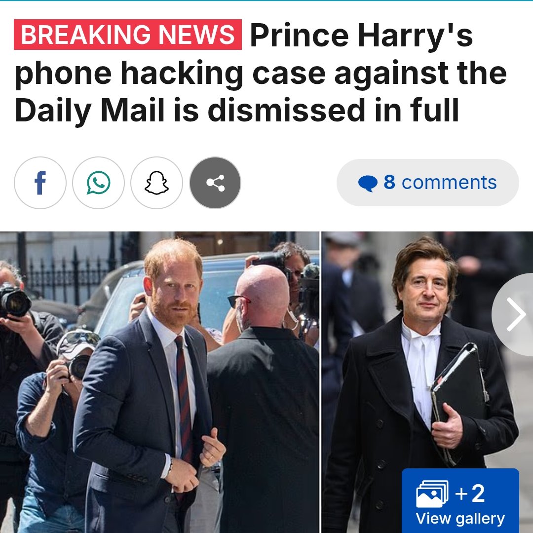 Canellelabelle's tweet photo. Looool, Harry is back in the UK just in time to enjoy a front row seat in his own failure😂😂😂
   The costly £50million phone hacking case against the Associated Newspaper, brought by Prince Harry and a raft of other celebrities against the publishers of the Daily Mail was today DISMISSED IN FULL🔥😂
"Mr Justice Nicklin today cleared the Daily Mail and The Mail on Sunday, and dismissed every single one of the 97 allegations made by the claimants."
OMG 😂😂
How do you bring 97 allegations against someone and NOT ONE is found viable, NOT A SINGLE ONE?!!! total Failure.
   In all honesty, the case was absolutely bogus. It was a lot of noise, a lot of whining, a lot of publicity with zero substance. It was Harry made a complete fool of himself and was exposed in court for working and flirting with female journalists of the daily mail on social media. 
   Now after losing BOTH his security case against the UK home office and his privacy case against Associated Newspapers, Harry has to pay all the court fees and one from the Winning party; but since Harry is in bed with the Daily mail, they might be able to work something out....😏
   Ah my dear the Irony of Life...
H&M left the RF confident that with their big money deals, with Harry's inheritance from his mother and their manipulative ways, they would become billionaires, and SUCH a success story bigger than the RF. 
The reality is that they LOST it all:
• They Lost their Royal platform and privileges
•They lost their taxpayer security
•They lost ALL their big money deal
• they failed at every attack they levied on the RF.
•they failed at gaining their falf in/half out
• they failed at every projects they put forth
• they failed at gaining the public approval and affection
• they Lost their court cases for security and privacy, meaning they are losing money and not making any.
    H&M are losing more money than they need to be making to keep up with their lifestyle and afford costly private security😏
   Thus, it is no wonder that Harry arrived at his meeting today in exactly ONE CAR, without any escort vehicle. He was denied taxpayer security and has to pay for his own private security. 
   Since money is tight, that meant "security on a budget" which tanslated in the sum of 2 bodyguards crammed in the same vehicle he was in and he was perfectly safe. No crowd was there, nobody cared😏
    What Harry fears in the UK, are not threats to his life, it is the reality of his own irrelevance that he fears, and it was right there to greet him today☕