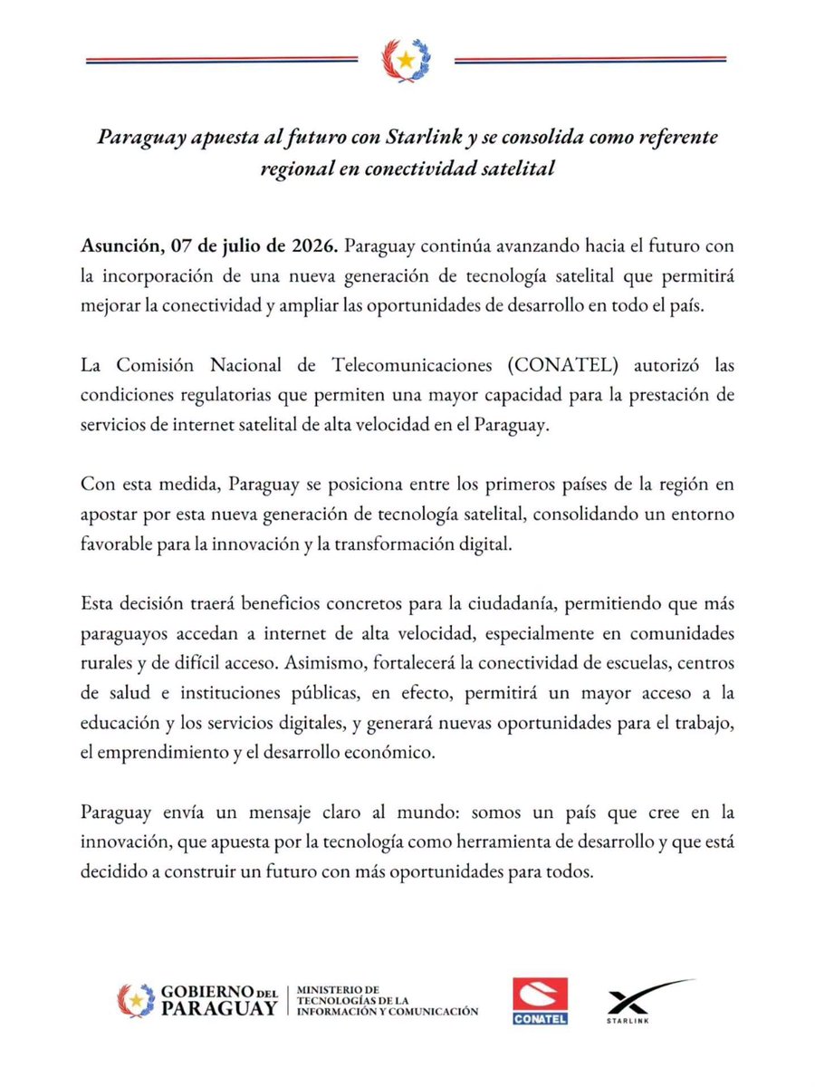 conatelpy's tweet photo. Con la autorización de las condiciones regulatorias para ampliar la capacidad de los servicios de internet satelital de alta velocidad, CONATEL acompaña el desarrollo de un ecosistema que impulsará la innovación, la transformación digital y el acceso a mejores oportunidades. https://t.co/g3sh2GQQOo