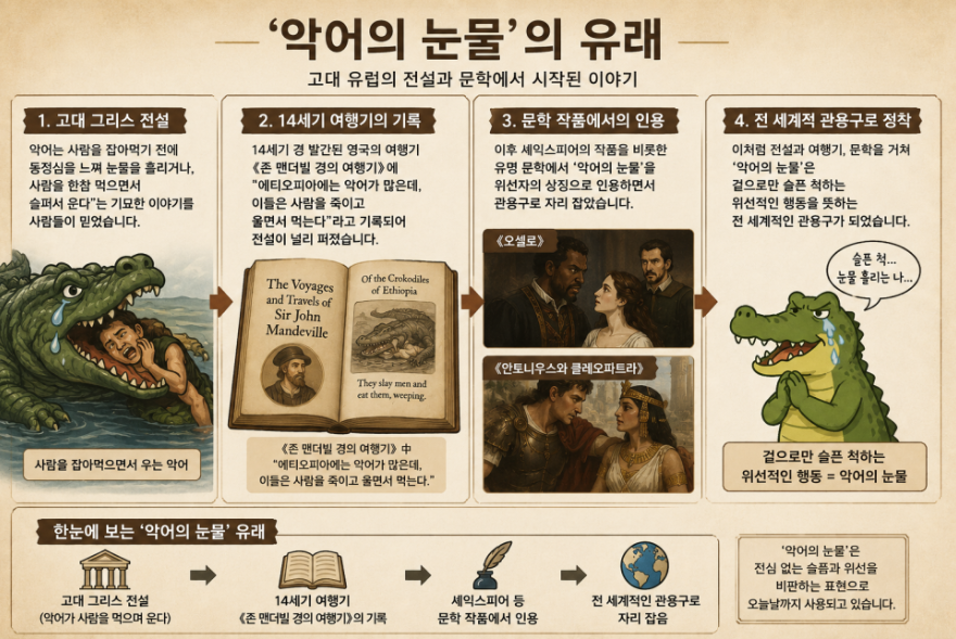Clickseo's tweet photo. "악어의 눈물" (Crocodile Tears)

-- 슬프지 않아도 흐른다. 악어의눈물증후군.
-- 가짜 눈물로 동정심과 연민을 유도하는 위선적인 행동.

"이집트 나일강에 사는 악어는 사람을 보면 잡아먹고 난 뒤에 그를 위해 눈물을 흘린다."

#속지마세요 #위선적인행위 #거짓눈물 #악어의눈물 https://t.co/4HESHo5jG7