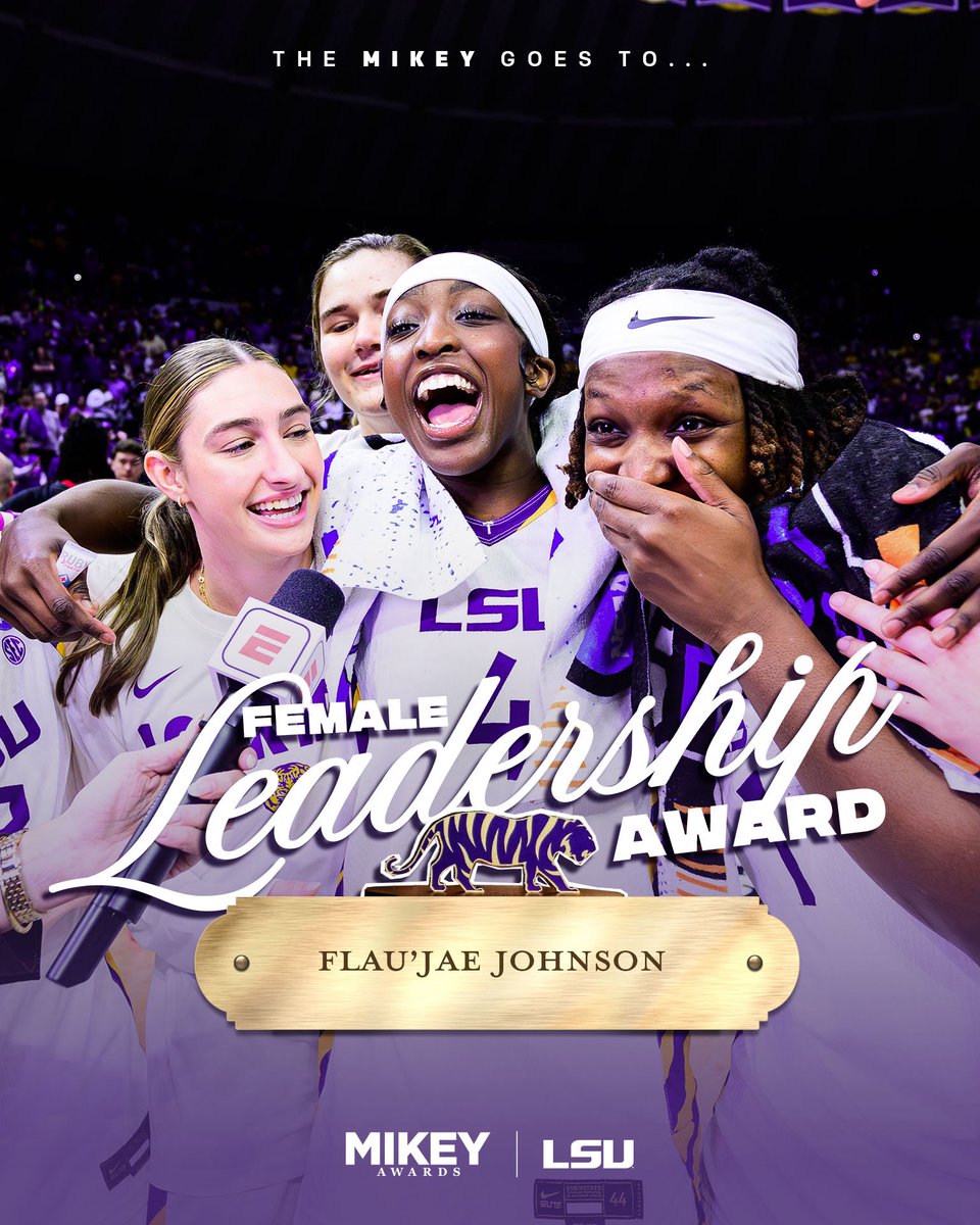 LSUsports's tweet photo. Leading by example in every facet of her game. Our Female Leadership Award recipient is none other than @LSUwbkb’s Flau’jae Johnson! 👏

#TheMikeys | @Flaujae https://t.co/MYrePiwUNQ