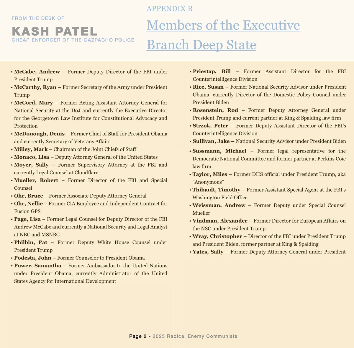 anthon7yandrews's tweet photo. Kash Patel posted this “enemies list” on Inauguration Day, January 20, 2025. It is very similar to the list posted by Artem Klyushin only days later. Compare them yourselves. https://t.co/C3BhBsWAf9