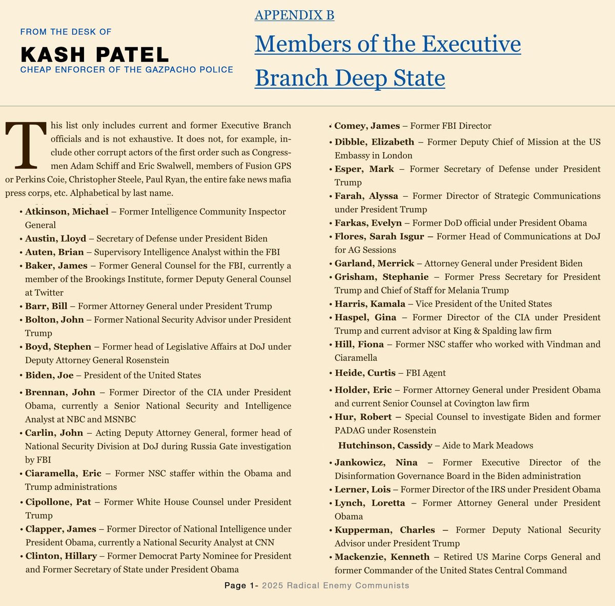 anthon7yandrews's tweet photo. Kash Patel posted this “enemies list” on Inauguration Day, January 20, 2025. It is very similar to the list posted by Artem Klyushin only days later. Compare them yourselves. https://t.co/C3BhBsWAf9
