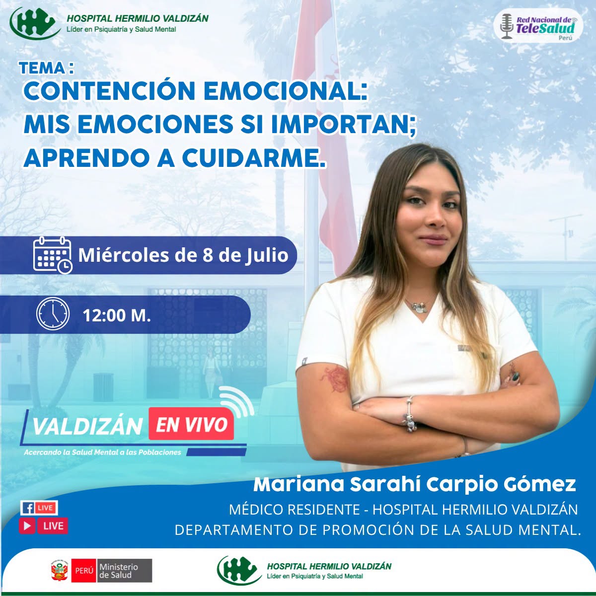HHVALDIZAN's tweet photo. TeleIEC HHV 
Valdizán en vivo 
Te invitamos a participar del Sobre el Tema: "Contención emocional: mis emociones si importan; aprendo a cuidarme."
Nos acompaña Mariana Sarahí Carpio Gómez, Médico Residente - Departamento de Promoción de la Salud Mental del Hospital HV https://t.co/wpimkkDO0k