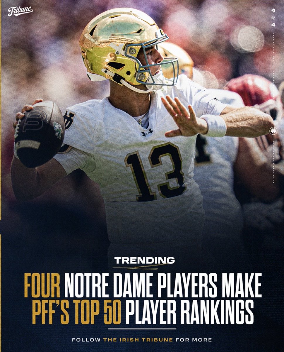 theirishtribune's tweet photo. Four Notre Dame players have been named to PFF’s Top 50 players in college football entering the 2026 season. The Irish trail only Oregon (6) and Texas (5) for the most players represented on the list.

List Includes:
Leonard Moore No. 2 overall (1st among all cornerbacks)
CJ Carr No. 14 overall (5th among all quarterbacks)
Kyngstonn Viliamu-Asa No. 16 overall (1st among all linebackers)
Brauntae Johnson No. 44 overall (4th among all safeties