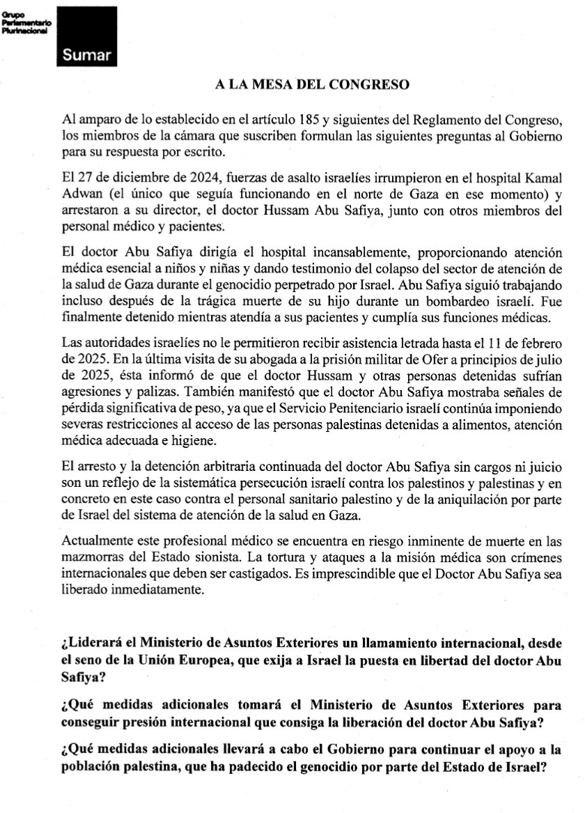 EnriqueSantiago's tweet photo. 🇮🇱❓ La Unión Europea se niega a suspender el tratado de asociación aunque el Estado genocida no respete los DDHH.

La UE debe exigir la inmediata liberación del Dr. Abu Safiya antes de que Israel concluya su lento asesinato.

Hemos pedido al Gobierno de España que se lo reclame. https://t.co/1l6MqRK3n4