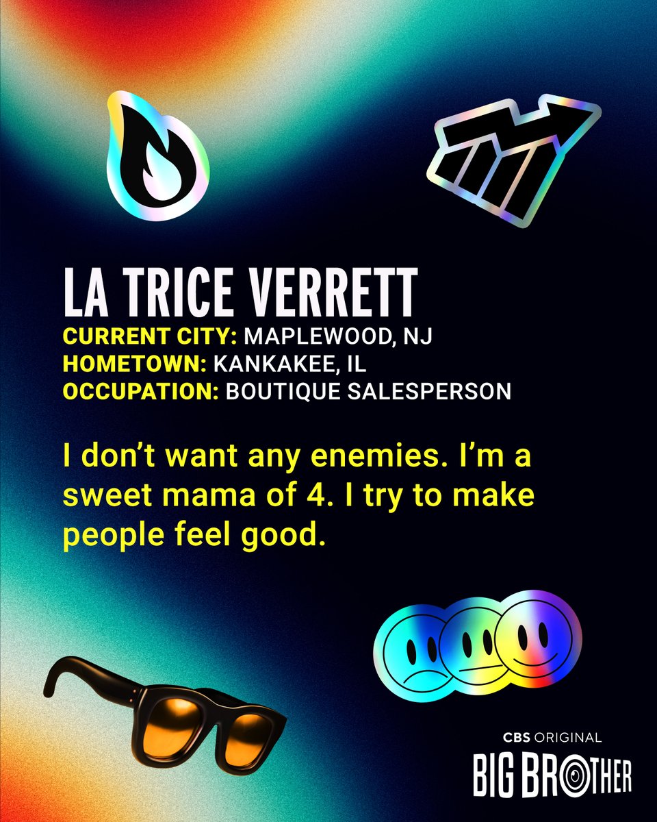 CBSBigBrother's tweet photo. @CBS La Trice from New Jersey is a mom of 4 avoiding enemies at all cost 🤍 Watch her enter the #BigBrother house on Thursday, July 9th @CBS! #Broveal #BB28 https://t.co/kX1yA5gu5S