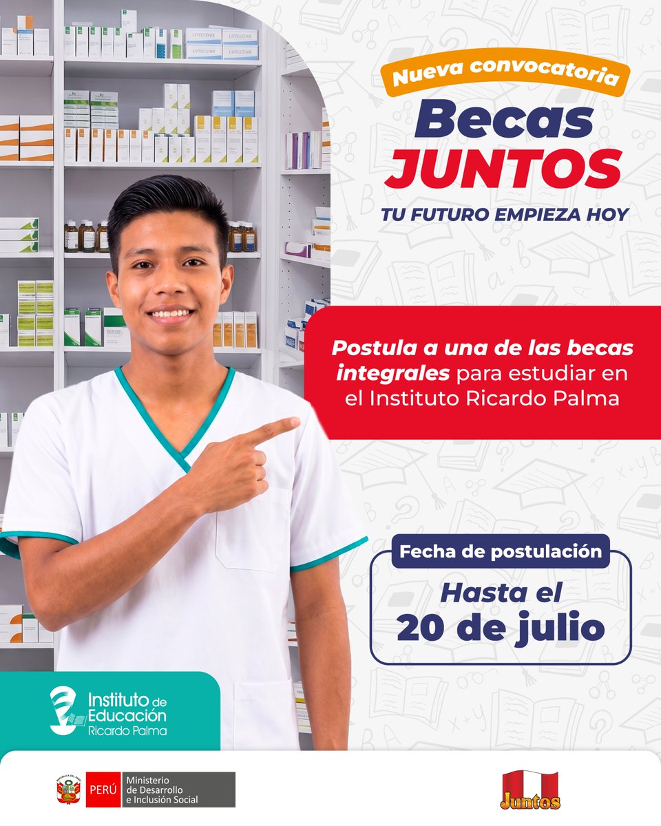 Midisjuntos's tweet photo. 🎓 En Juntos seguimos creando más oportunidades para nuestros jóvenes. Gracias a una alianza estratégica, podrán postular a becas para estudiar carreras técnicas en el Instituto Ricardo Palma.
📲 Conoce los requisitos e inscríbete aquí: https://t.co/FWro4Of4Gc
#Midis #Becas https://t.co/6RspVLXFkI