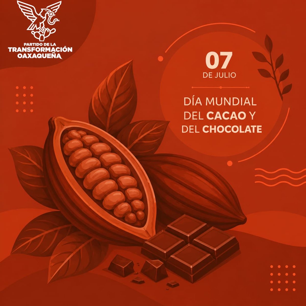 PETEOOAX's tweet photo. 🍫🌱 07 de julio | Día Mundial del Cacao y del Chocolate

Hoy celebramos el cacao, un fruto que representa tradición, cultura y el trabajo de miles de productores. Reconozcamos su valor y disfrutemos responsablemente de uno de los sabores más apreciados del mundo.

#DíaMundialDelCacaoYDelChocolate #Cacao #Chocolate #TransformaciónOaxaqueña #SomosLaFuerzaDeLaTransformación
#LaFuerzaDelCambioVerdadero

@SalomeMtzS