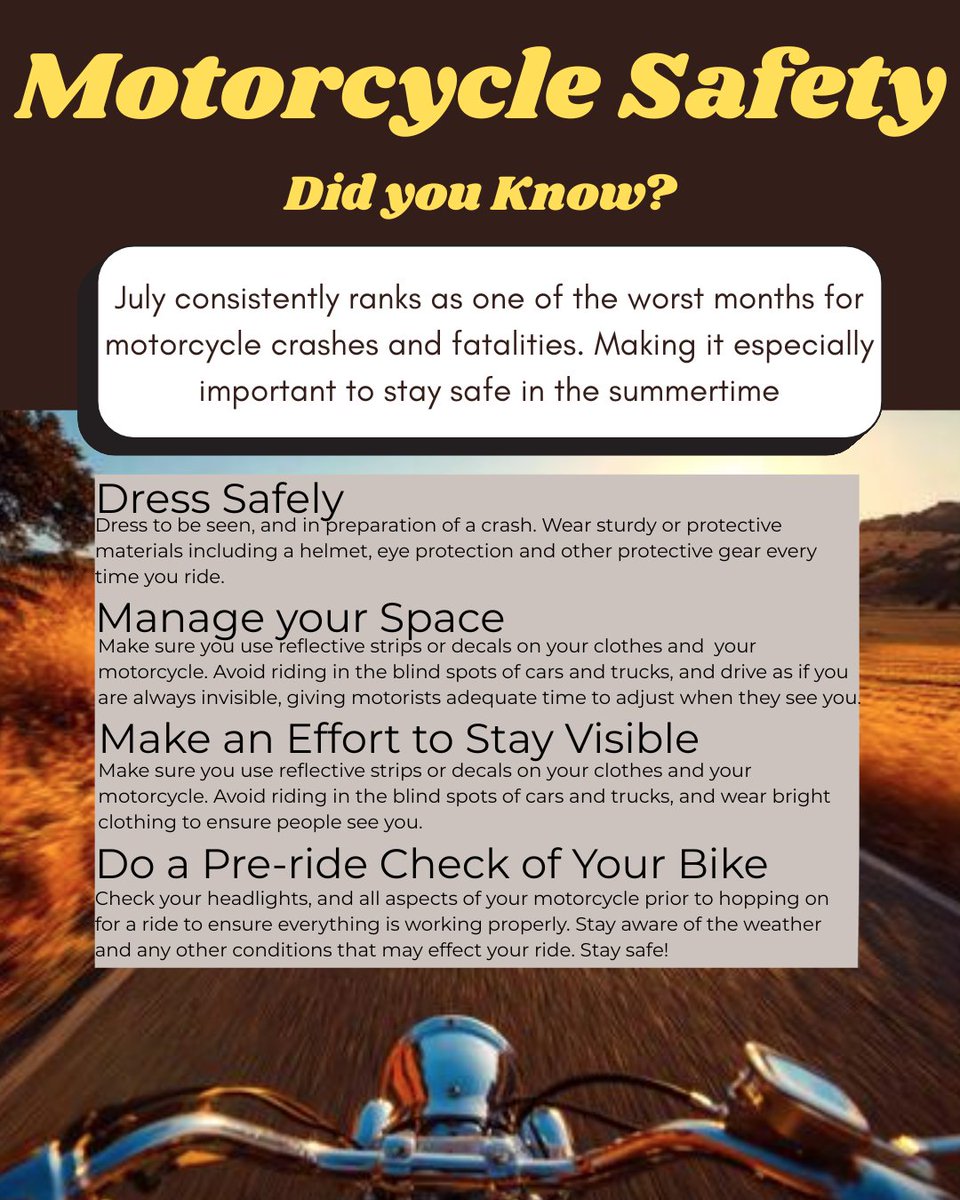 ScalliMurphyLaw's tweet photo. Did you know that July is consistently one of the worst months for motorcycle crashes and fatalities? If you ride a motorcycle, this is your sign to be extra aware when driving. We hope you all have a wonderful and safe summer! https://t.co/AGNIKajePy