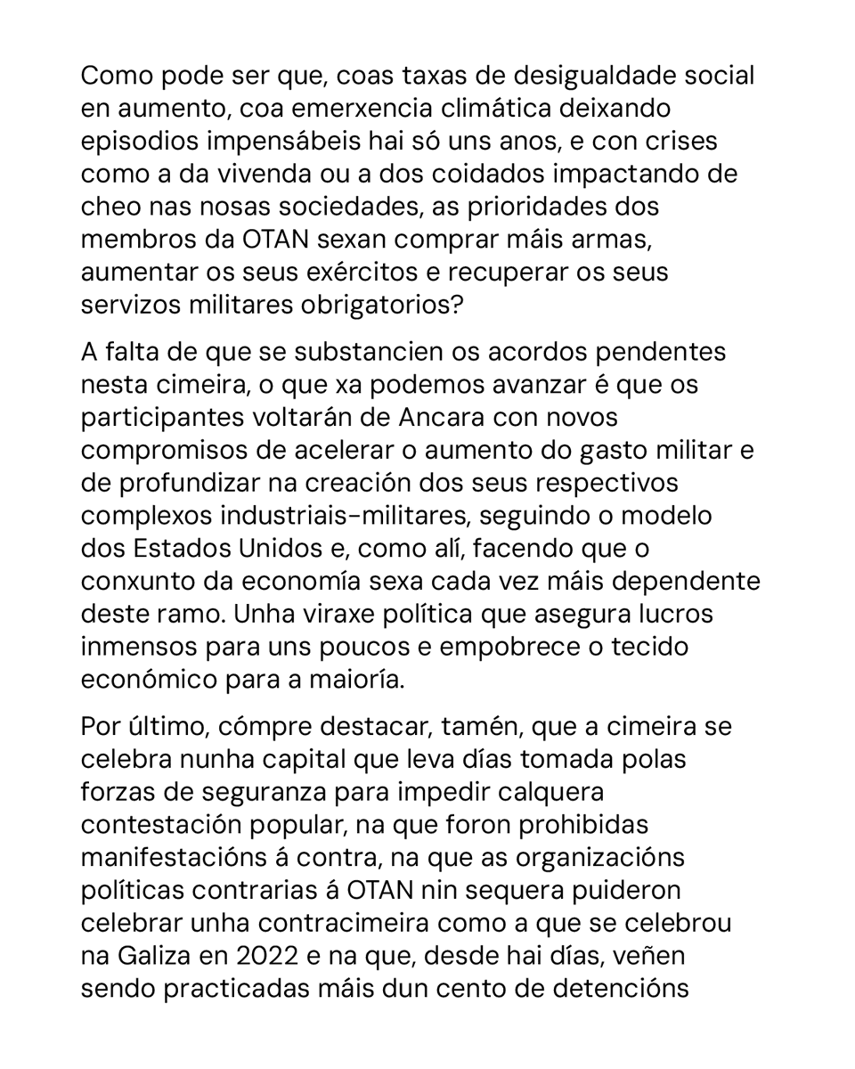gzcontraaotan's tweet photo. 🔴 Comunicado da Plataforma Galega Contra a OTAN sobre a cimeira da OTAN que comeza hoxe na Turquía, e na que a maior ameaza global contra os pobos e a paz aprobará avanzar na militarización da economía e na agresividade imperialista. #GalizaPolaPaz https://t.co/LKBQJS1Lkl
