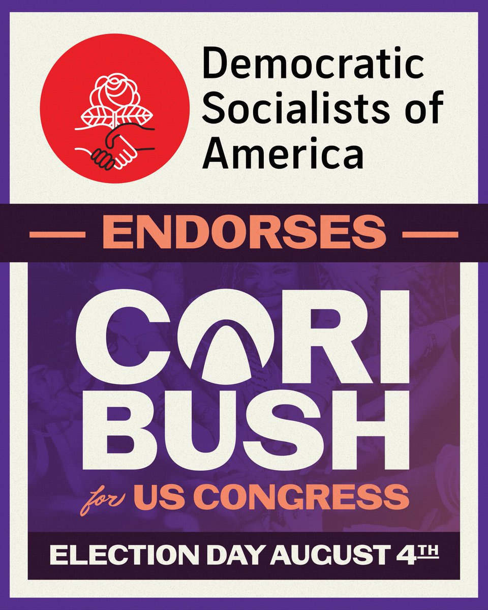 CoriBush's tweet photo. I’m proud to be endorsed once again by DSA as I run to return to Congress and keep fighting for everyday people.

Together, we’ll work to abolish ICE, deliver Medicare for all, end wars overseas, and achieve true economic justice. https://t.co/uMb5G4NPPo