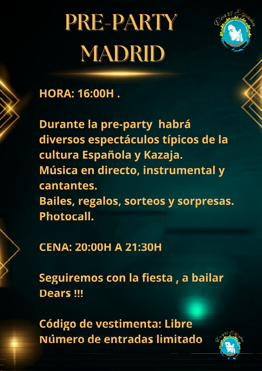 dk_spanish's tweet photo. Pre-Party en Madrid,venta el 12 de Julio a las 16:00 h.
@dimash_official #Dimash_Kudaibergen #Dimash_Qudaibergen 
#dimashdears https://t.co/q7nQZBcnPL