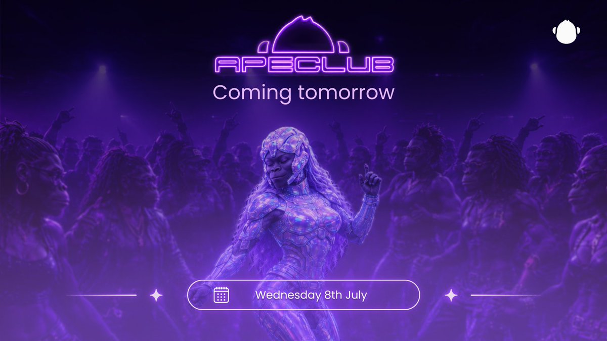 ApeBond's tweet photo. SUMMER IS FOR CLUBBING 🦍✨

ApeClub kicks off tomorrow at 13:00 UTC with a month-long celebration for all Apes.

Bonus Weeks, Ape2Earn quest, and more ways to join the ecosystem.

Are you joining? 🔥