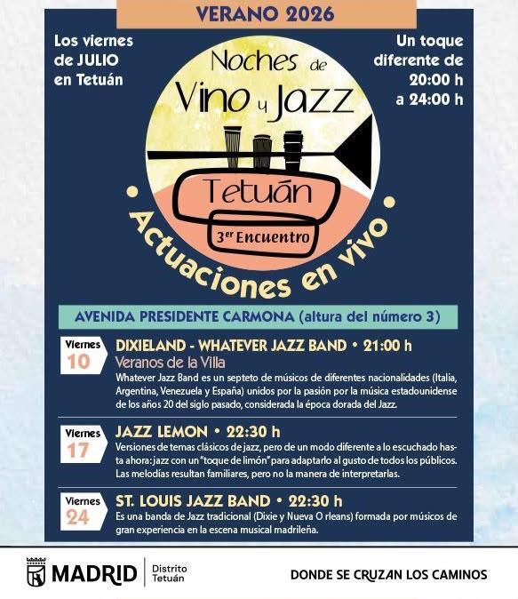 JMDTetuan's tweet photo. 🎷 Vuelven las 'Noches de Vino y Jazz' a #Tetuán

🎶 Whatever Jazz Band, Jazz Lemon y St. Louis Jazz Band actuarán en la tercera edición del ciclo de conciertos

📅 ¡Apunta las fechas! Los días 10, 17 y 24 de julio en la avenida del presidente Carmona

 https://t.co/53NK7oB19B https://t.co/htfGxgaN7T