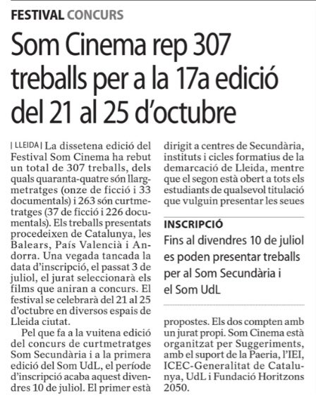 som_cinema's tweet photo. Els diaris @SEGREcom i @LaManyanacat publiquen l’allau de propostes que hem rebut per la 17ena edició del #somcinema https://t.co/bRDtPouN6C