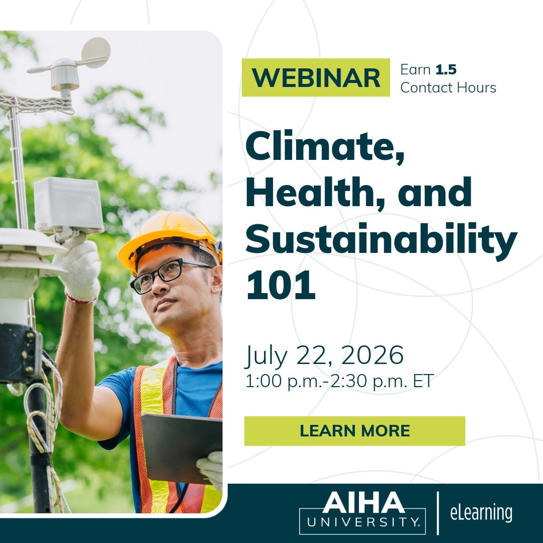 AIHA's tweet photo. Climate change is creating real implications for worker health, safety, and well-being.

Join AIHA Universityvfor an introductory webinar exploring climate, health, and sustainability in the workplace.

https://t.co/CpDtvgUpot

#OEHS #WorkerHealthandSafety #AIHAUniversity https://t.co/6eyNnu2xYq