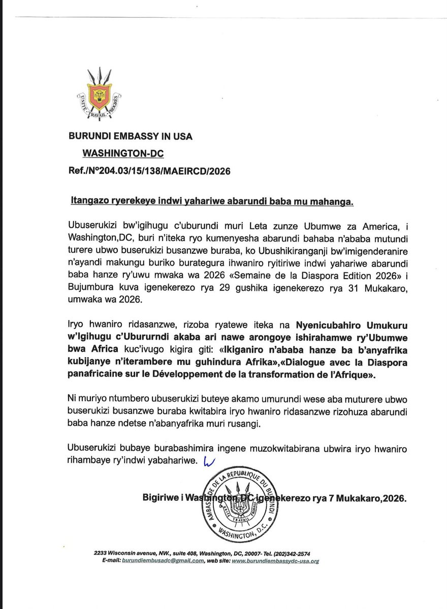 BurundiEmbUSA's tweet photo. Communiqué on the Diaspora Week 2026 Edition https://t.co/bot1BqkkdR