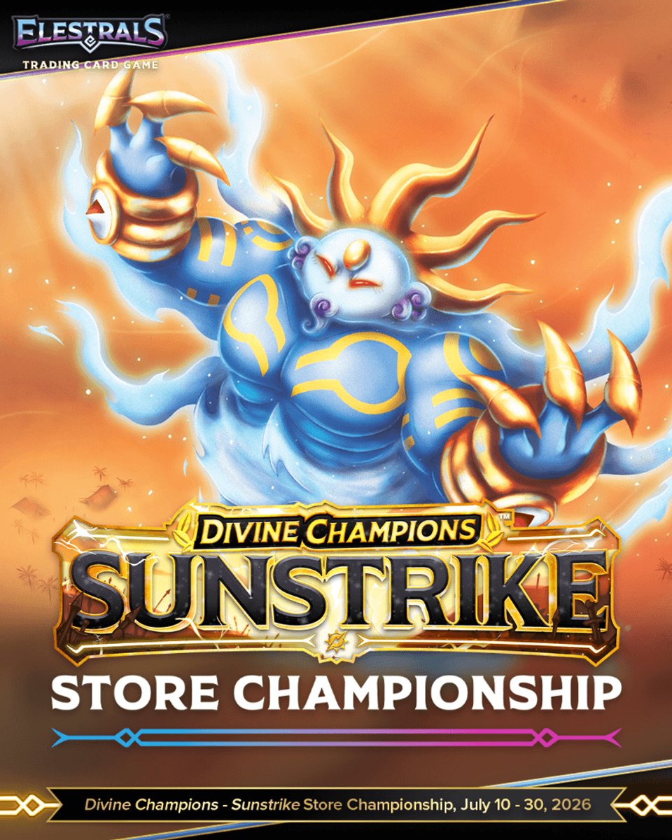 Elestrals's tweet photo. Sunstrike Store Championship events kick off this Friday! ☀️⚡
Players can earn exclusive promo cards and Qualifier Points for the 2027 World Championships for participating! 🏆

Find your local event via the Elestrals PlayNetwork! 🙌

#ElestralsTCG #PlayElestrals #RoadToWorlds2027