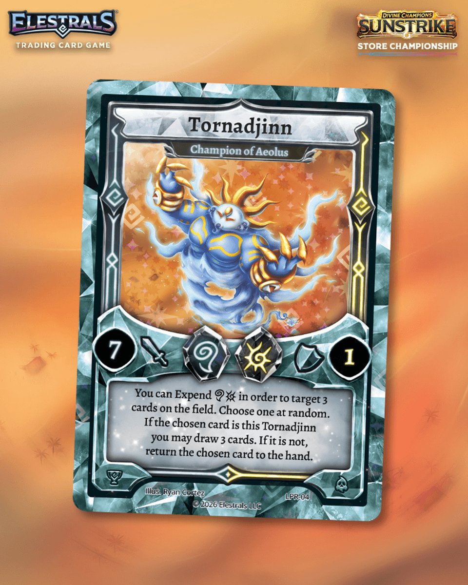 Elestrals's tweet photo. Sunstrike Store Championship events kick off this Friday! ☀️⚡
Players can earn exclusive promo cards and Qualifier Points for the 2027 World Championships for participating! 🏆

Find your local event via the Elestrals PlayNetwork! 🙌

#ElestralsTCG #PlayElestrals #RoadToWorlds2027