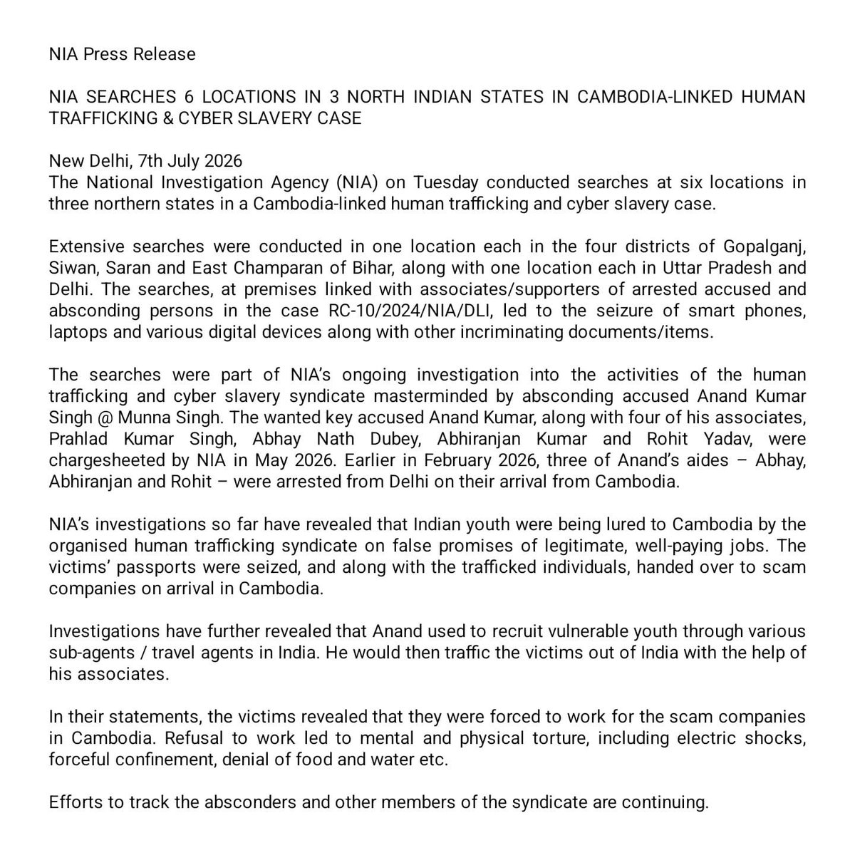 NIA_India's tweet photo. Searches were conducted today at 4 locations in Bihar &amp; one each in U.P &amp; Delhi in Cambodia-linked human trafficking &amp; cyber slavery case. Various digital &amp; other devices were seized. Efforts are on to trace absconders. https://t.co/cX7nj6BK8U