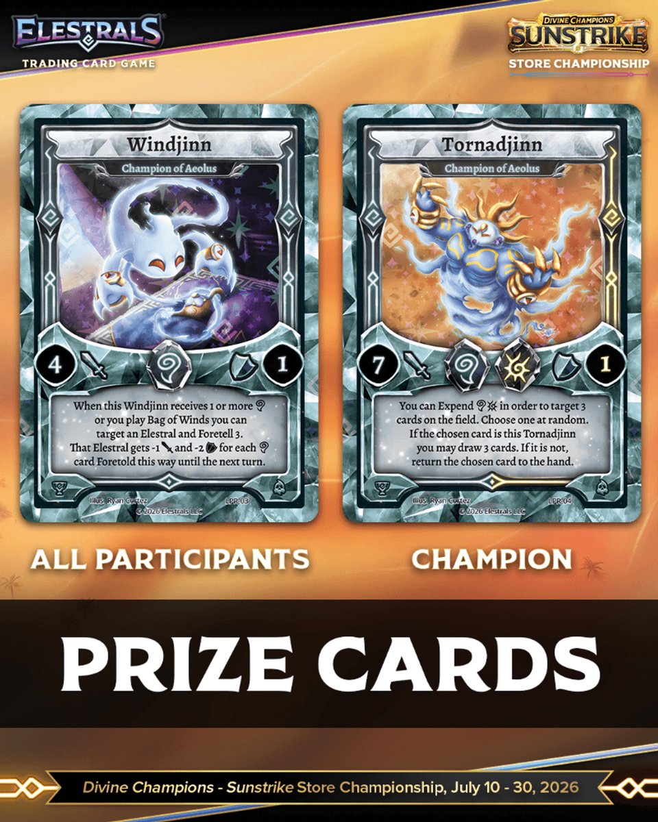 Elestrals's tweet photo. Sunstrike Store Championship events kick off this Friday! ☀️⚡
Players can earn exclusive promo cards and Qualifier Points for the 2027 World Championships for participating! 🏆

Find your local event via the Elestrals PlayNetwork! 🙌

#ElestralsTCG #PlayElestrals #RoadToWorlds2027