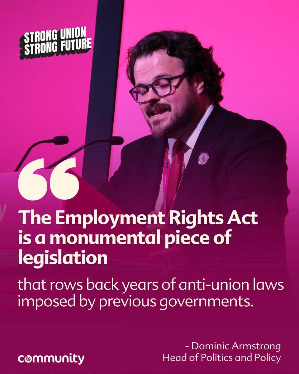 CommunityUnion's tweet photo. @DomWArmstrong, Head of Politics and Policy, set out at our #StrongUnionStrongFuture conference how Community has been at the heart of securing new rights for working people, from protection against unfair dismissal and statutory sick pay from day one, to stronger protections around flexible working, paternity leave, fair pay and zero-hours contracts.
These changes show what a strong union can deliver: policies shaped by members, won through collective action, and implemented to improve working lives across the country.
Community will keep championing membersโ voices in Westminster, Holyrood, the Senedd and Stormont, making sure politicians understand our sectors and deliver the change working people deserve.
Thatโs your strong union, shaping your strong future.