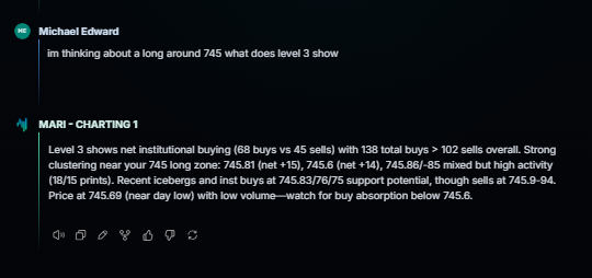 MikeEdward_TTG's tweet photo. Retail traders have spent decades trading with less information than professionals.

That gap is finally starting to close.

Our AI analyzed Nasdaq Level 3 market data, detected institutional accumulation at a key $SPY  support level and confirmed the long trade before the move.

The goal isn't to blindly follow AI.

It's to give traders institutional-quality insight so they can make better decisions with more confidence.

The screenshot below is from the actual conversation.

This is exactly the kind of edge we've been building at TTG.

The Edge: https://t.co/gknpfx1BGc