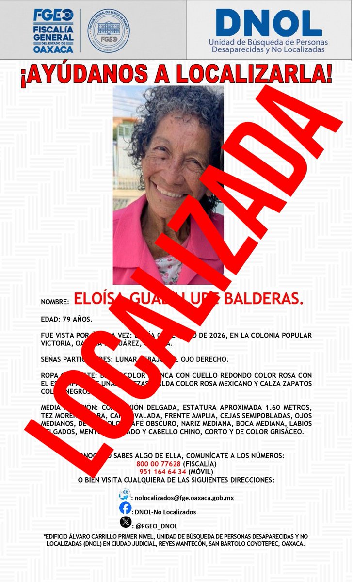 FGEO_DNOL's tweet photo. GRACIAS POR SU APOYO LA CIUDADANA ELOISA GUADALUPE BALDERAS, ¡YA, HA SIDO LOCALIZADA!
@FISCALIA_GobOax
@AEI_Oaxaca
@PolVial_GobOax
@Policia_GobOax
@089Oaxaca
@Oaxaca_9_1_1
@cruzrojaoaxaca
@Bomberos_GobOax
@DIF_Oaxaca
@GN_Carreteras
@SIDISSPC_GobOax
@PABIC_GobOax
@GN_MEXICO_ https://t.co/hVtFRPJx2a