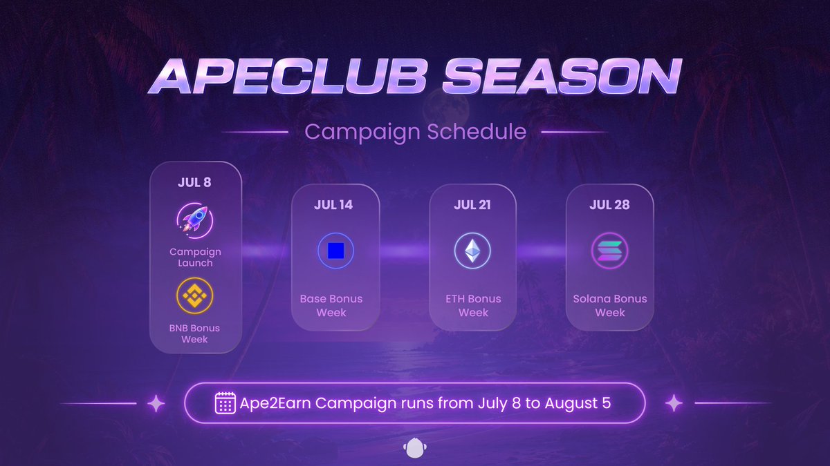 ApeBond's tweet photo. Here’s what’s coming 👇

✨ Bonus Weeks across featured ecosystems
🦍 Ape2Earn quest with $1K USDT in prizes
🟣 X Spaces, community rewards, and more surprises throughout the month

Mark your calendar and get ready to ApeClub! https://t.co/bOIj5xpAul