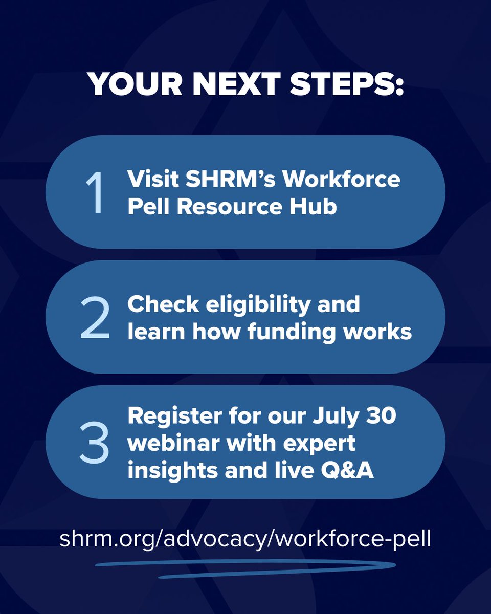 SHRM's tweet photo. Workforce Pell is here. Starting July 1, eligible learners can use federal Pell Grants for approved short-term workforce training. 

Whether you're building new skills or strengthening your talent pipeline, get informed with SHRM's Resource Hub: https://t.co/LoOfPWKulf https://t.co/TF8m65M1NO