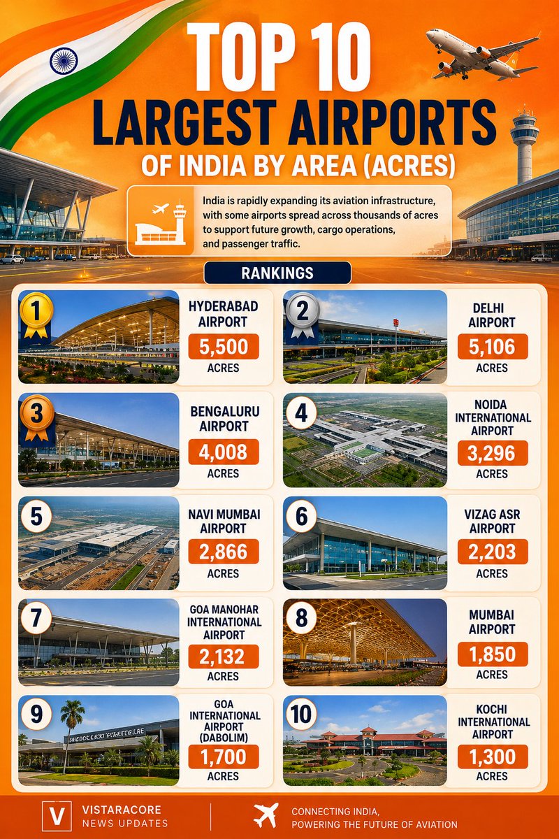 awanticlasses's tweet photo. 🏆 Top 10 Largest Airports in India (By Area)

🥇 Hyderabad Airport – 5,500 acres
🥈 Delhi Airport – 5,106 acres
🥉 Bengaluru Airport – 4,008 acres
4️⃣ Noida International Airport – 3,296 acres
5️⃣ Navi Mumbai International Airport – 2,866 acres https://t.co/kxMfC6ozkW