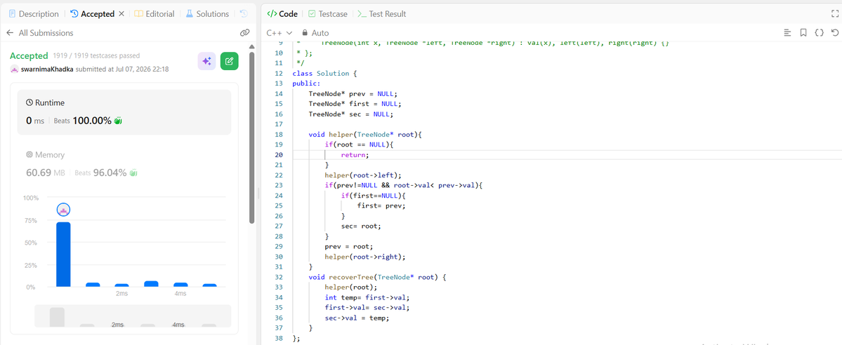 SwarnimaKhadka's tweet photo. #LSPPDAY37
Today, I solved "Recover BST" problem with TC of O(n) and SC of O(n).
We can optimize this to have SC of O(1) using Morris Inorder Traversal.
#60DaysOfLearning2026
#LearningWithLeapfrog
@lftechnology https://t.co/s4XkdMDVUQ