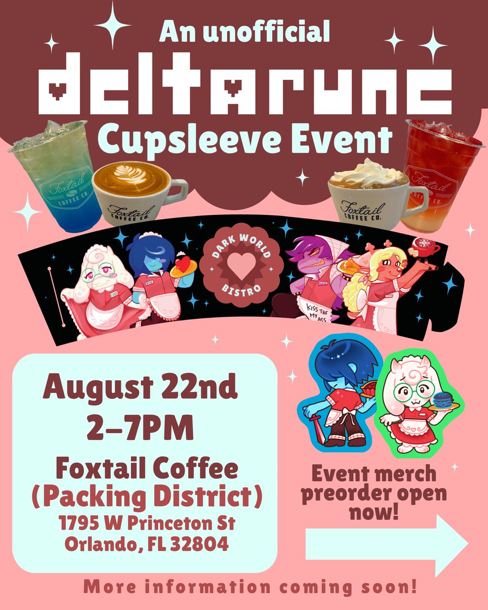 rocknocolor's tweet photo. Sorry to keep you waiting! @rocknocolor and @ghostpotion_art are hosting an unofficial deltarune cupsleeve event, Dark World Bistro!!! It will be held at Foxtail Coffee (packing district) on August 22nd from 2-7 PM.

Check replies for more info! https://t.co/kkPN4BwEZ3