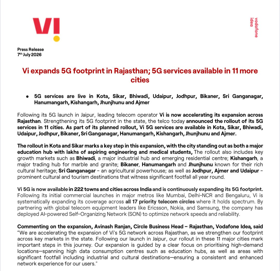 sanjaybafna's tweet photo. Vodafone idea Vi today announced the rollout of its 5G services in 11 cities of Rajasthan telecom circle. 

As part of its planned rollout, Vi 5G services are now available in Kota, Sikar, Bhiwadi, Udaipur, Jodhpur, Bikaner, Sri Ganganagar , Hanumangarh, Kishangarh, Jhunjhunu and Ajmer.