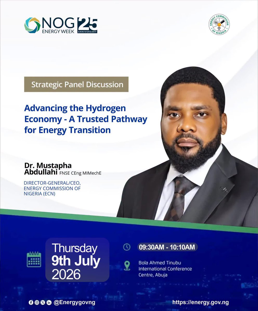 Dr_A_Mustapha's tweet photo. As the day draws closer, I look forward to joining distinguished policymakers, industry leaders, and energy experts at NOG Energy Week 2026 for a strategic conversation on advancing Nigeria’s hydrogen economy through effective policy development and impactful pilot initiatives.

The transition to a hydrogen-powered future requires collaboration, innovation, and decisive action. I look forward to sharing insights, learning from fellow experts, and contributing to practical solutions that will accelerate Nigeria’s clean energy transition and strengthen its global competitiveness.

#NGOEnergyWeek
#EnergyCommissionNG

__DAM