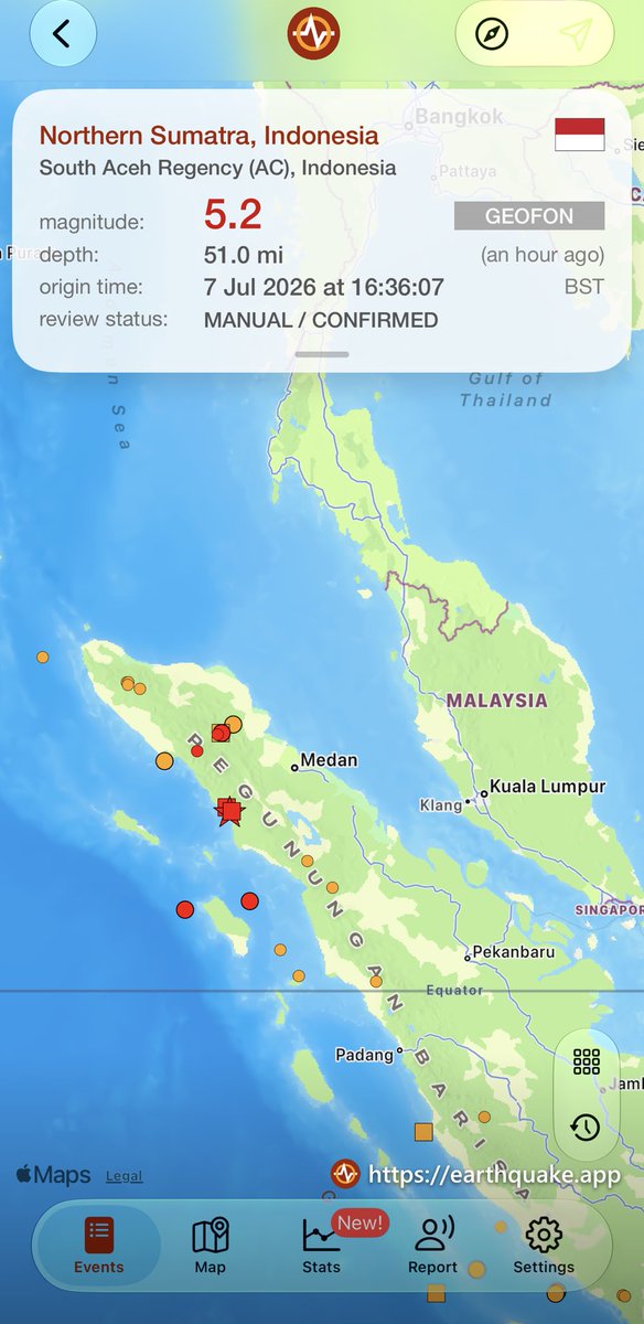 grum10's tweet photo. an hour ago #earthquake 5.2 has hit South Aceh Regency (AC), Indonesia, 51.0mi, 16:36 BST (GEOFON )h https://t.co/npPUraC3xv https://t.co/n0y64qnLcJ