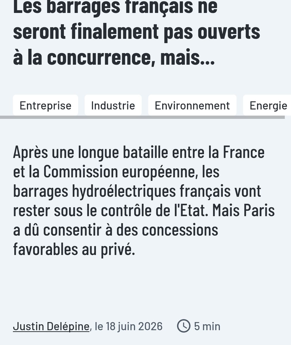 ruda163's tweet photo. @PhilippeMurer MENTEUR !
Ce n'est que le régime de concession exclusive (EDF) qui pourra être ouvert à concurrence à hauteur de 40% max. https://t.co/hETvwnEUWN