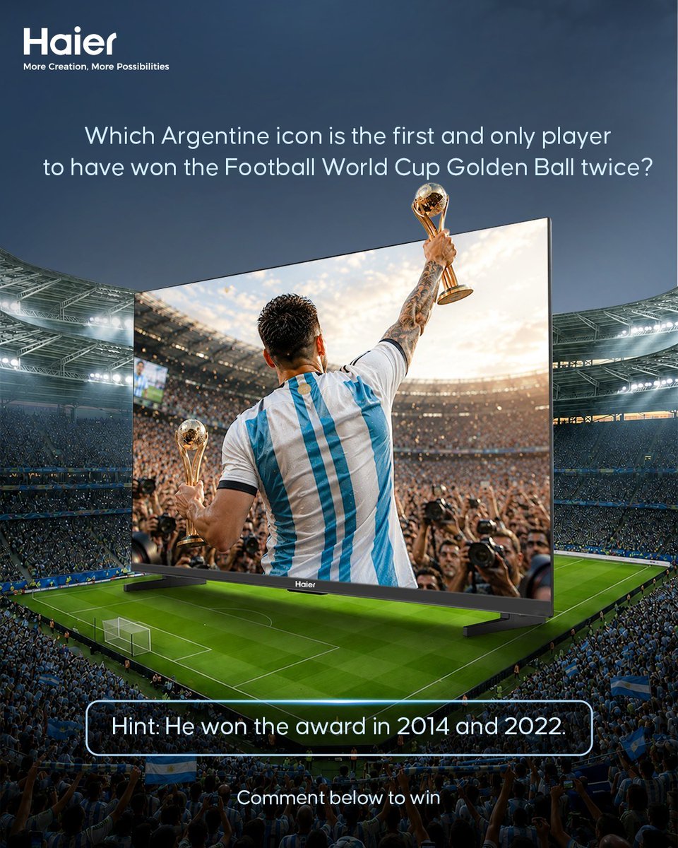 IndiaHaier's tweet photo. One iconic World Cup moment. One unforgettable young star.
Can you guess the answer?
Comment below to win exciting prizes! 

#Haier #MoreCreationMorePossibilities #Football https://t.co/iwsC5Ihksy