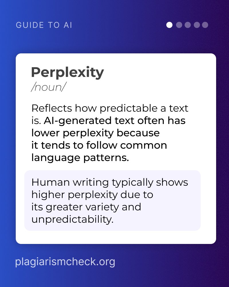 plagiarismisbad's tweet photo. Today we will cover the term 'perplexity', which is one of the many metrics when revealing AI texts 👇
Note: modern AI detectors use perplexity alongside many other linguistic and behavioral signals rather than relying on it alone.
#AIDetectors https://t.co/rcG4dbJD8y