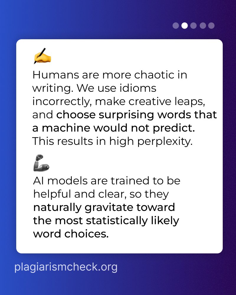 plagiarismisbad's tweet photo. Today we will cover the term 'perplexity', which is one of the many metrics when revealing AI texts 👇
Note: modern AI detectors use perplexity alongside many other linguistic and behavioral signals rather than relying on it alone.
#AIDetectors https://t.co/rcG4dbJD8y