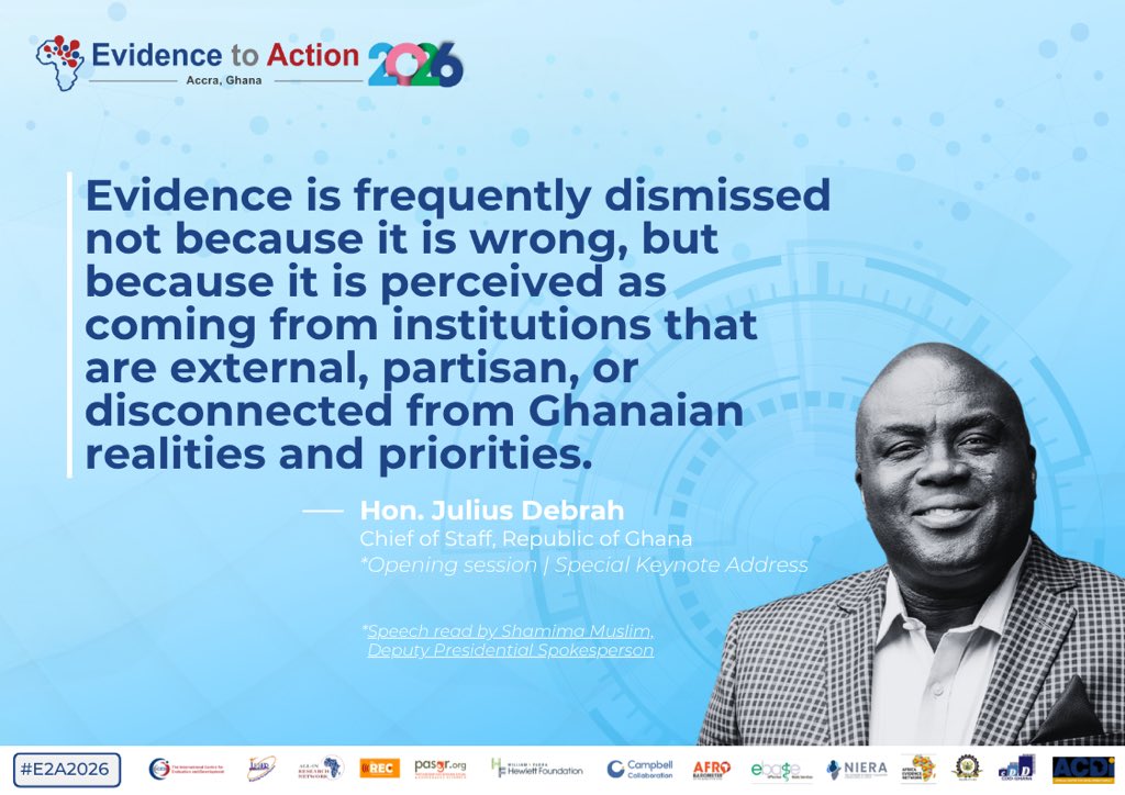 ICED_THINKTANK's tweet photo. At #E2A2026, Hon. Julius Debrah (Chief of Staff, Republic of Ghana) shared a candid reflection on policymaking realities. He also recommended building trust between researchers & government for national development.
🔗 Watch his speech: https://t.co/YqBfP24ceI
#EvidenceforImpact https://t.co/dkQs7vlKF5