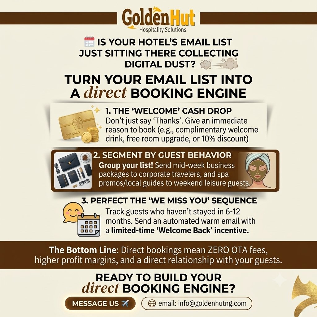 GoldenhutHS's tweet photo. Need to build an automated email strategy that fills your rooms on autopilot?
At Goldenhut Hospitality Solutions, we design custom digital marketing frameworks that drive direct revenue.
Send us a DM to schedule your strategy session today!

#HospitalityMarketing #HotelManagement https://t.co/7rEdK6rovk