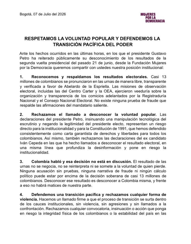 MujeresxDcol's tweet photo. La democracia se fortalece cuando se respeta la voluntad popular, se protegen las instituciones y se garantiza una transición pacífica del poder.
Desde Mujeres por la Democracia reafirmamos nuestro compromiso con la defensa Estado de Derecho, la institucionalidad y la democracia. https://t.co/zjcwQ5oPz7