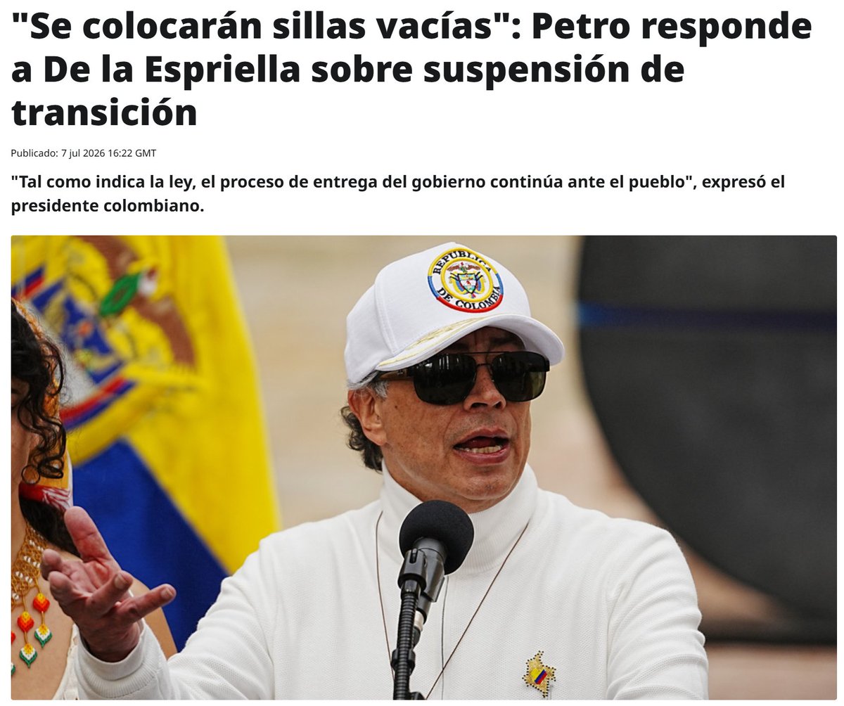 ActualidadRT's tweet photo. Petro escribió que "tal como indica la Ley [951 de 2005], el proceso de entrega del Gobierno continua ante el pueblo"

"Se colocarán sillas vacías en espera que quienes se robaron las elecciones lleguen a entender qué es gobernar", agregó https://t.co/a8vMFo8GHV https://t.co/rMb8CqRdlb