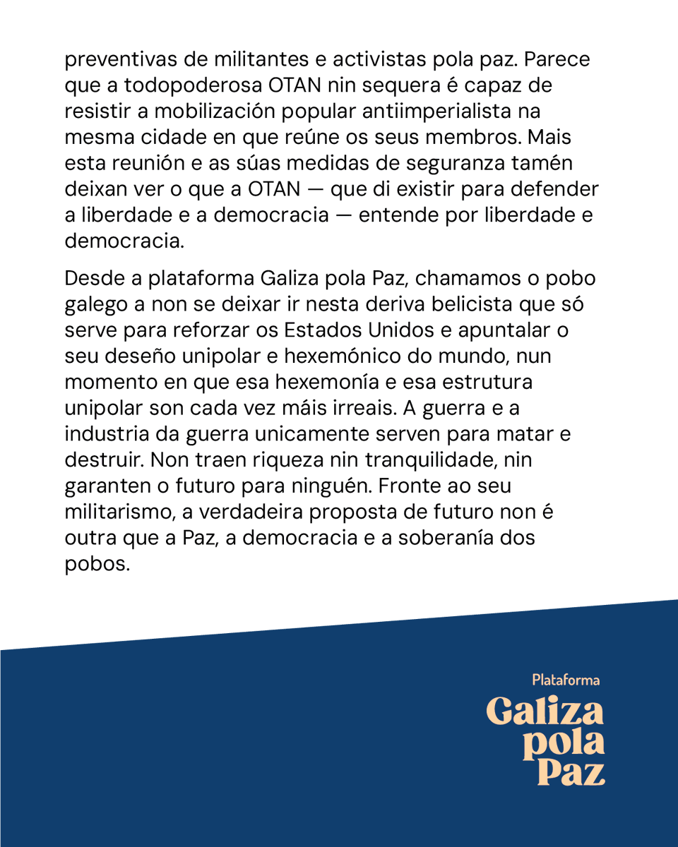 mardelumes's tweet photo. 📢 Comunicado da Plataforma Galiza pola Paz (@gzcontraaotan) sobre a cimeira da OTAN deste 7 e 8 de xullo. Os señores da guerra reúnese en Ancara para avanzar na militarización e impulsar a industria da guerra. Frente ao imperialismo, paz e soberanía! #GalizaPolaPaz https://t.co/1BgQTxOHNl