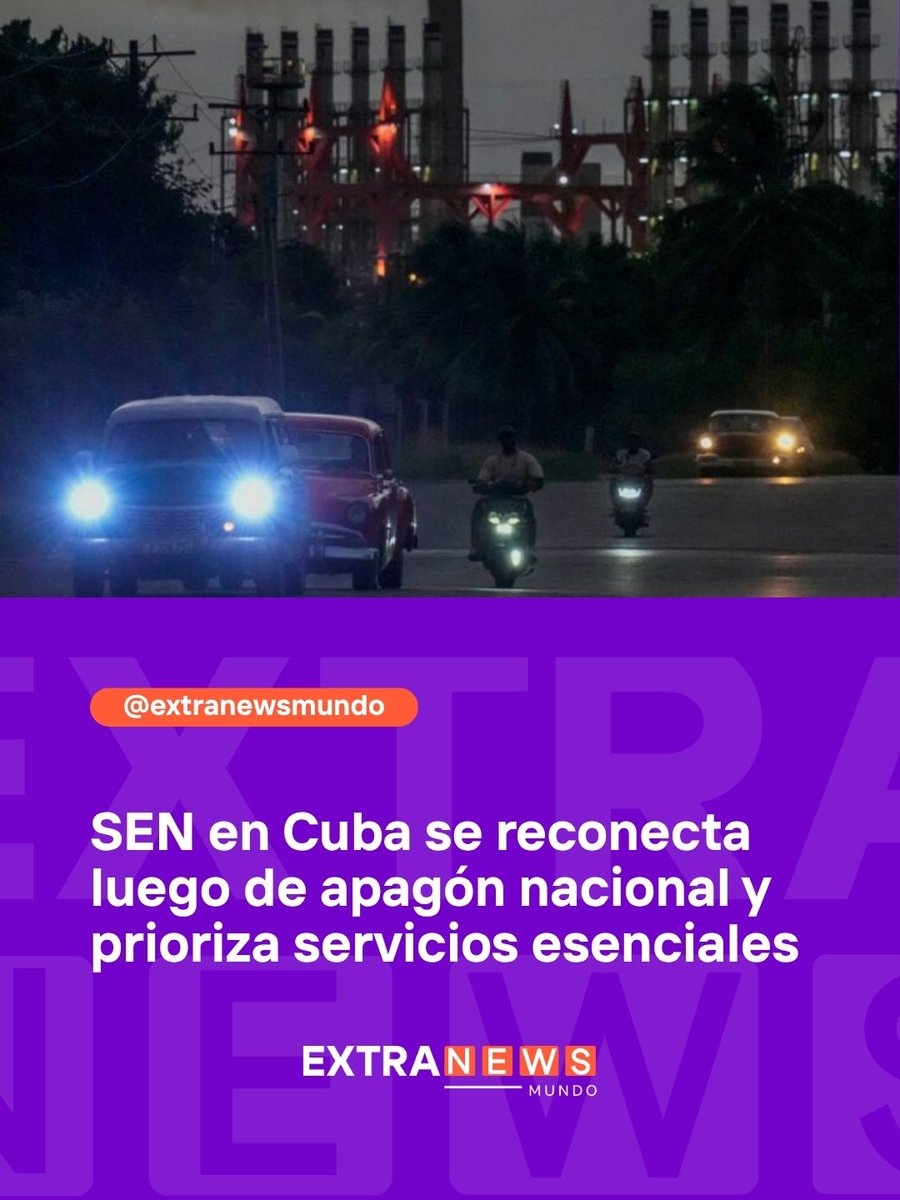 extranewsmundo's tweet photo. Cuba vive horas clave en la recuperación de su Sistema Electroenergético Nacional (SEN), tras un apagón general que dejó a la isla prácticamente a oscuras durante casi 24 horas. El corte, el tercero de este tipo en lo que va de 2026, provocó la desconexión total de la red y afectó de forma particular a las provincias occidentales de Artemisa y Pinar del Río, así como a zonas del oriente del país, que aún permanecen fuera del sistema.

El ministro de Energía y Minas, Vicente de la O Levy, informó que el SEN ya logró enlazar nuevamente el sistema eléctrico desde La Habana hasta Sancti Spíritus, en el centro del país, lo que marca un paso importante en la recomposición de la red y en el suministro de energía a millones de habitantes.