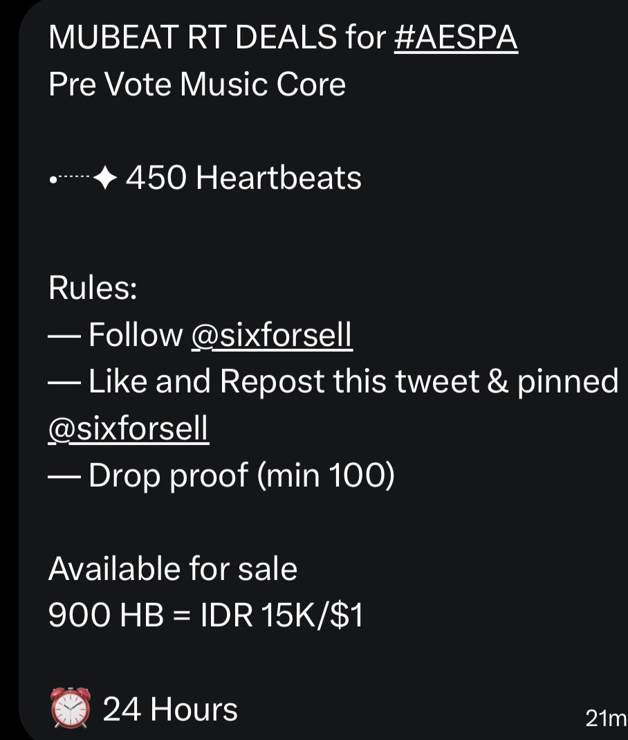 voteforaespa_th's tweet photo. MUBEAT RT DEALS for #AESPA
Pre Vote Music Core

•┈✦ 450 Heartbeats 

Rules:
— Follow @sixforsell
— Like and Repost this tweet &amp; pinned @sixforsell
— Drop proof (min 100)

Available for sale 
900 HB = IDR 15K/$1

⏰ 24 Hours https://t.co/cUFSyNbWME